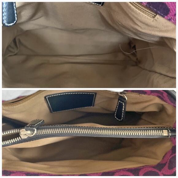 🚨LOW START! COACH Monogram Fabric Wool Twill Sm Tote Black Fuchsia Leather Trim - Picture 4 of 9